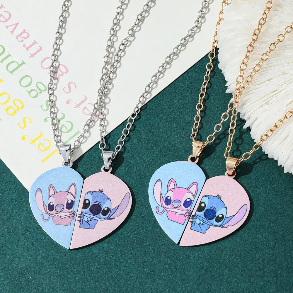 Metal Color: Platinum Plated - Disney-Stitch Heart Necklace for Couple, Gold and Silver Color, Angel and Stitch, Cute Style , Jewelry Pendant, Gift for Girl, 1