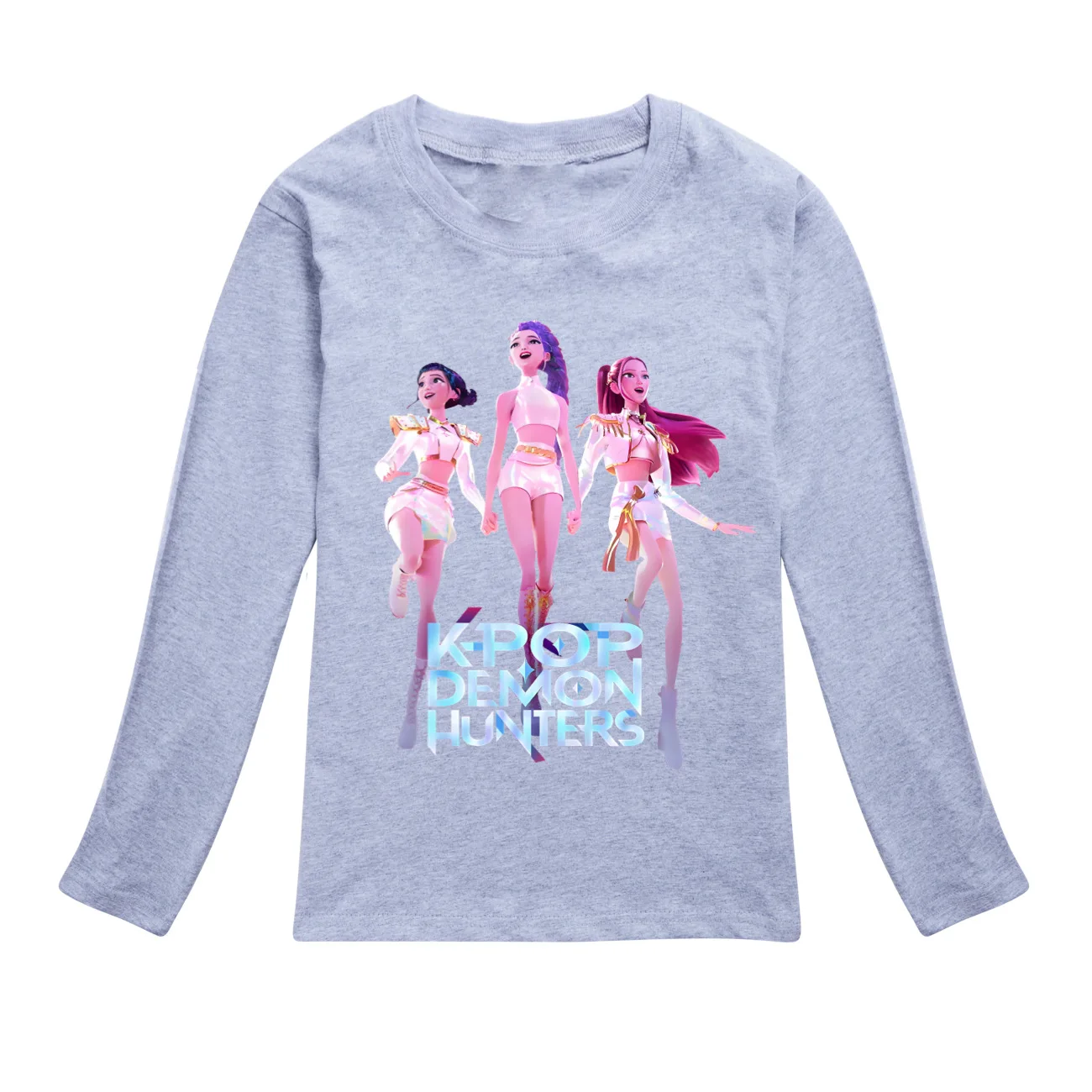 Color: Dark Grey, Kid Size: 4T - KPop Demon Hunters Huntrix Tshirt Kids Clothes Teenage Boys O-Neck Cartoon Casual T-shirts Girls Long Sleeve Tops Child Clothing