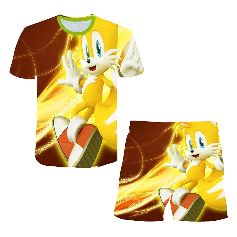 Color: Gold, Size: >40cm - New Japanese cartoon Sonic T-shirt children's top T-shirt shorts two-piece set summer boy cartoon cute T-shirt+beach pants