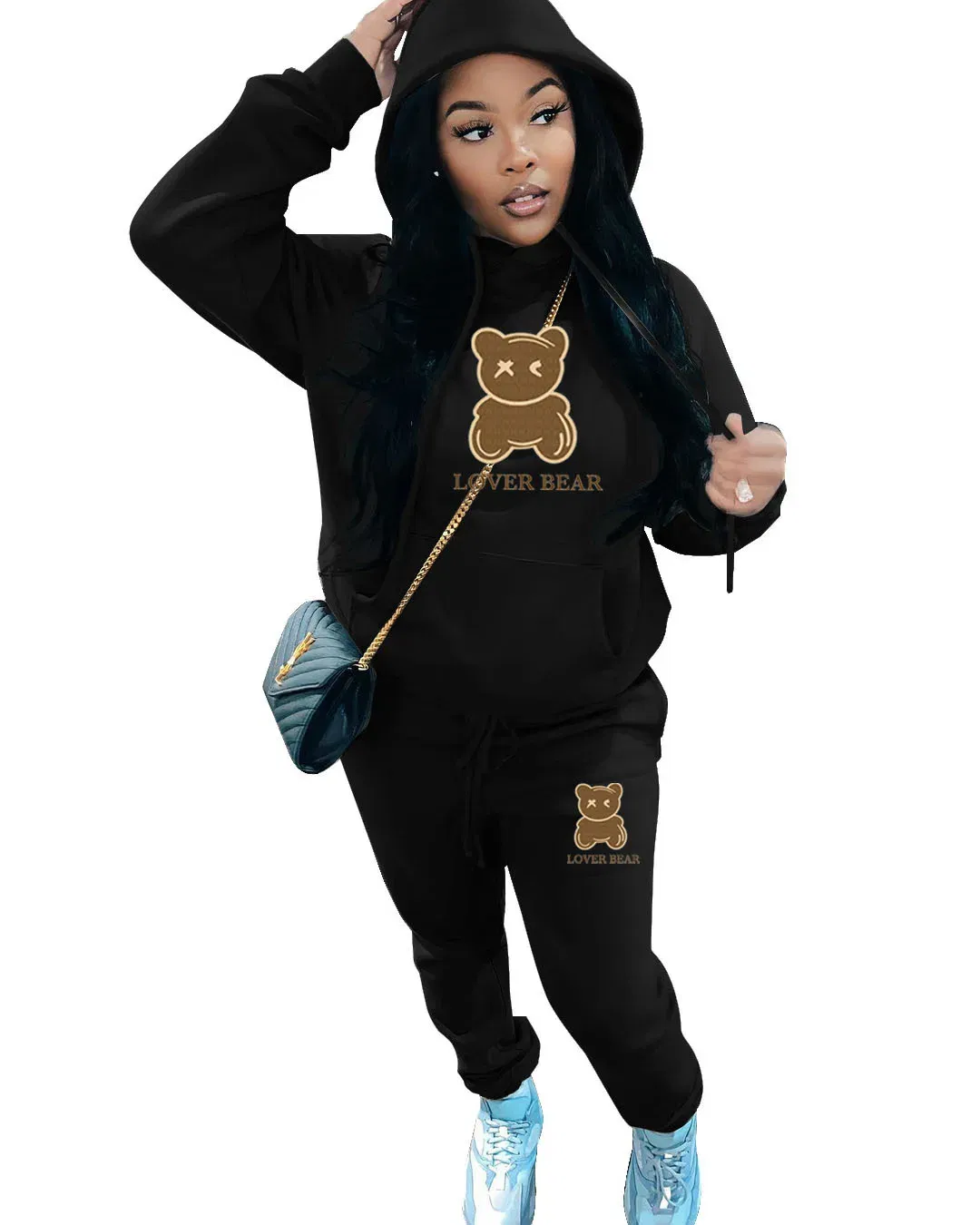 Color: black, Size: XXL - 2 Piece Set Women Outfit Letter Bear Print Hooded Neck Hoodies Sweatshirt Pants Tracksuit 2024 Plus Size Streetwear Casual Suit
