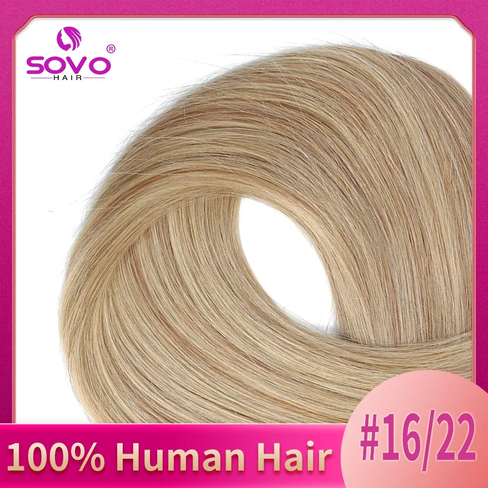 Color: P16/24, Length: 14 inches - SOVO Clip In Hair Extensions Human Hair 3 Pieces Bone Straight Clip Ins Hair Extension 60-90G Real Natural European Hair 12-26"
