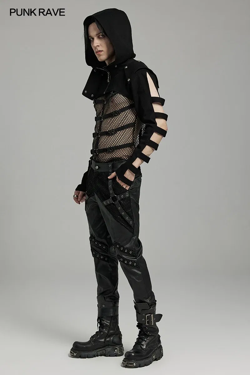 Color: black, Size: XXXL - PUNK RAVE Men's Punk Sleeves Are Hollow Loop Straps Short Coat Handsome Cool Stand Up Collar Casual Mens Jacket Autumn