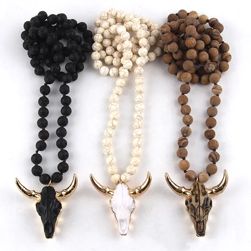 Metal Color: cobalt violet, Length: 90cm - Fashion Bohemian Jewelry  Long Knotted Stone Beads 3 Color Horn Pendant Necklace For Women Ethnic Necklace