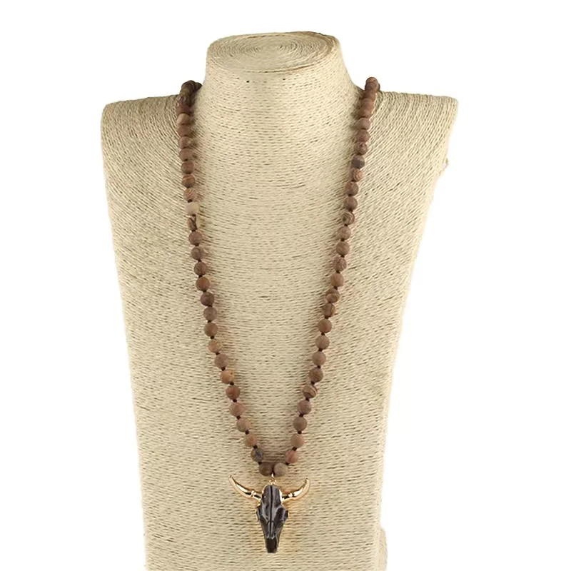 Metal Color: cobalt violet, Length: 90cm - Fashion Bohemian Jewelry  Long Knotted Stone Beads 3 Color Horn Pendant Necklace For Women Ethnic Necklace