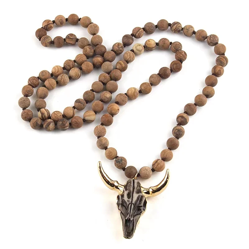 Metal Color: cobalt violet, Length: 90cm - Fashion Bohemian Jewelry  Long Knotted Stone Beads 3 Color Horn Pendant Necklace For Women Ethnic Necklace