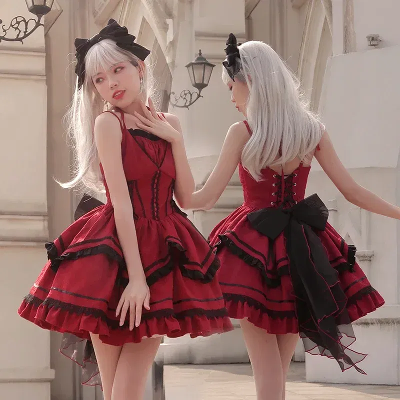 Color: black, Size: M - Japanese Harajuku Gothic Sling Dress for Girl, Black Purple Bow Bandage Stitching, Lolita Temperament, Kawaii Sweet Fashion, New