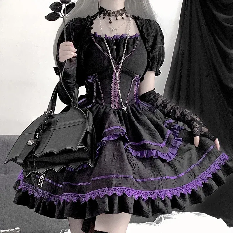 Color: black, Size: M - Japanese Harajuku Gothic Sling Dress for Girl, Black Purple Bow Bandage Stitching, Lolita Temperament, Kawaii Sweet Fashion, New