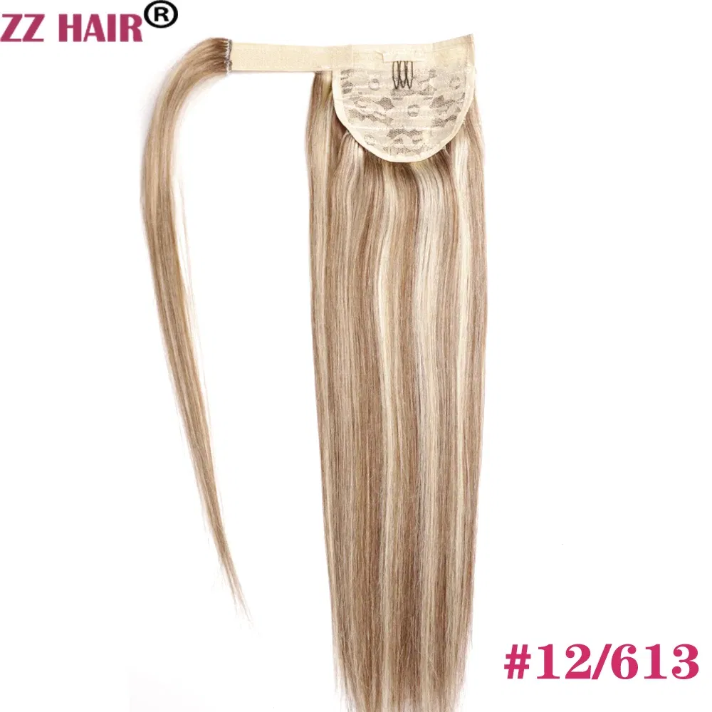 Color: P12/613, Life Span: 6 Months With Proper Care, Stretched Length: 24inches, Longest Hair Proportion: 35%-45% - ZZHAIR 100% Human Hair Extensions 16"-28" Machine Made Remy Magic Wrap Around Ponytail 60g-120g Clip In Horsetail Stragiht