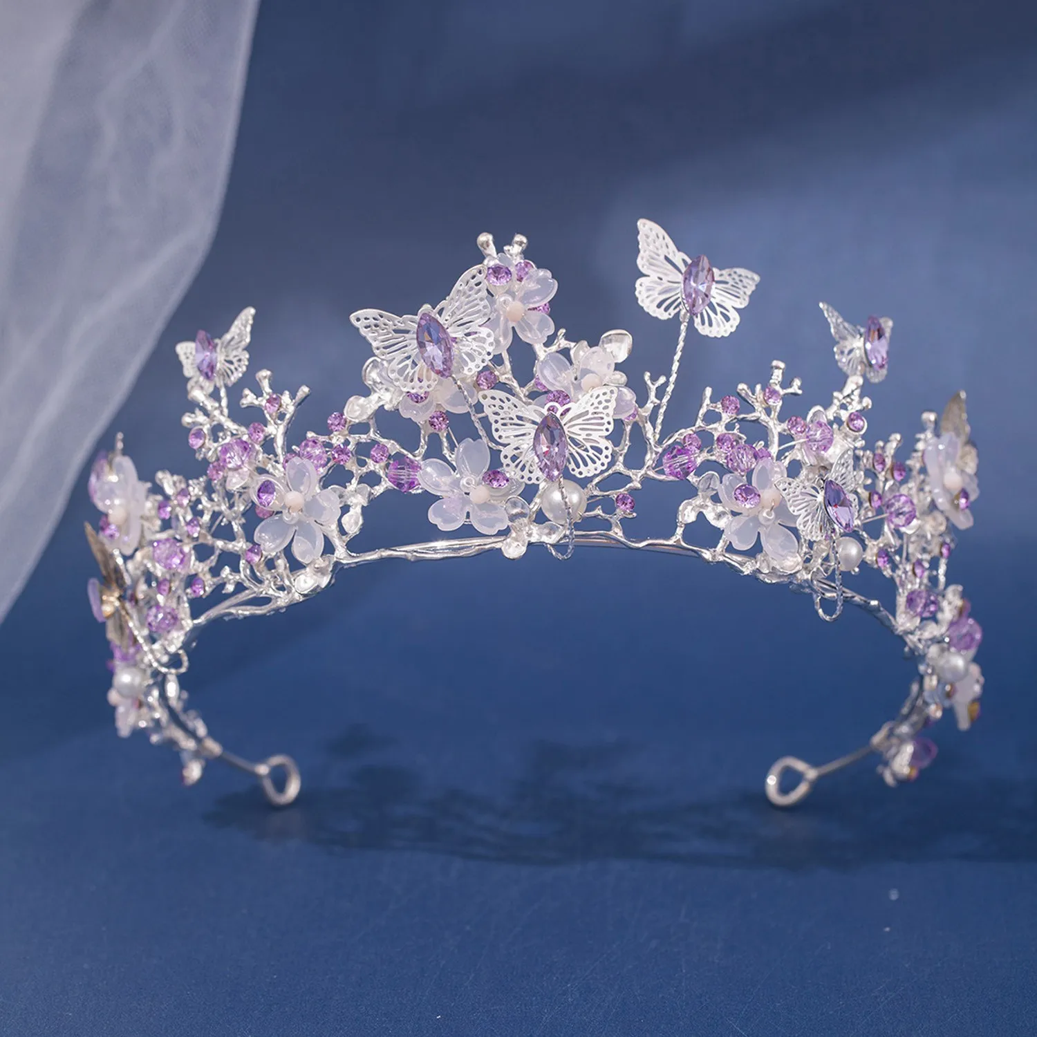 Metal color: Light Yellow Gold Color - Baroque Silver Color Purple Crystal Butterfly Bridal Tiaras Crowns Headpiece Rhinestone Pageant Diadem Wedding Hair Accessories