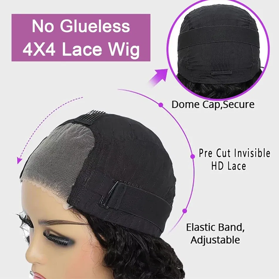 Hair Color: #1B, Stretched Length: 12INCHES - 13X4 Glueless Water Wave Wigs Human Hair Pre Cut Bob Wig Ready To Go 180% Density 4x4 Water Wave Lace Closure Wigs Human Hair