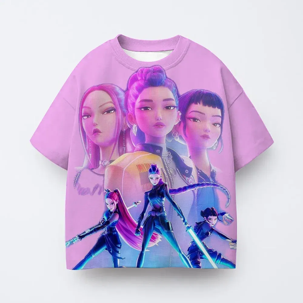 Color: GRAY, Kid Size: 4T - Toddler Girl Clothes Kpop Demon Hunters Cartoon Tee Shirt Funny Gift for Fans Harajuku Cool Kids T-shirts Cotton Summer Tops