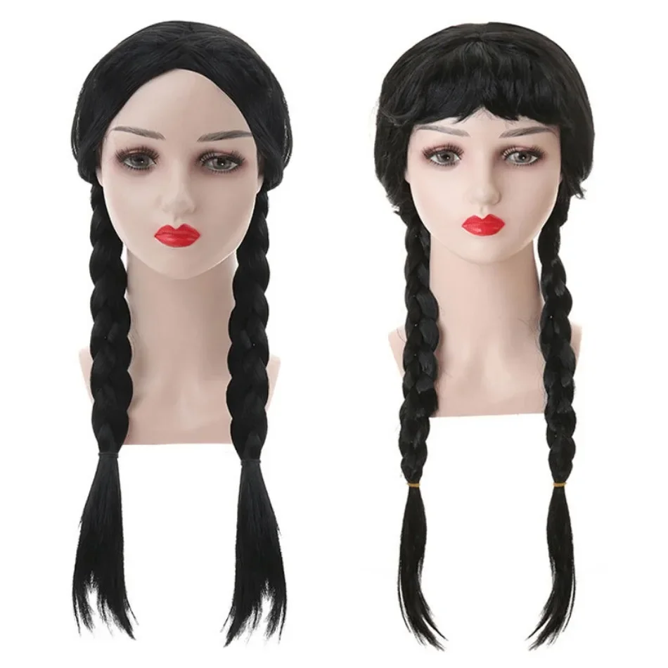 Color: green - Wednesday Wig For Kids Halloween Wednesday Addams Black Braids Synthetic Hair Cosplay Accessories Crown Necklace Headdress Suit