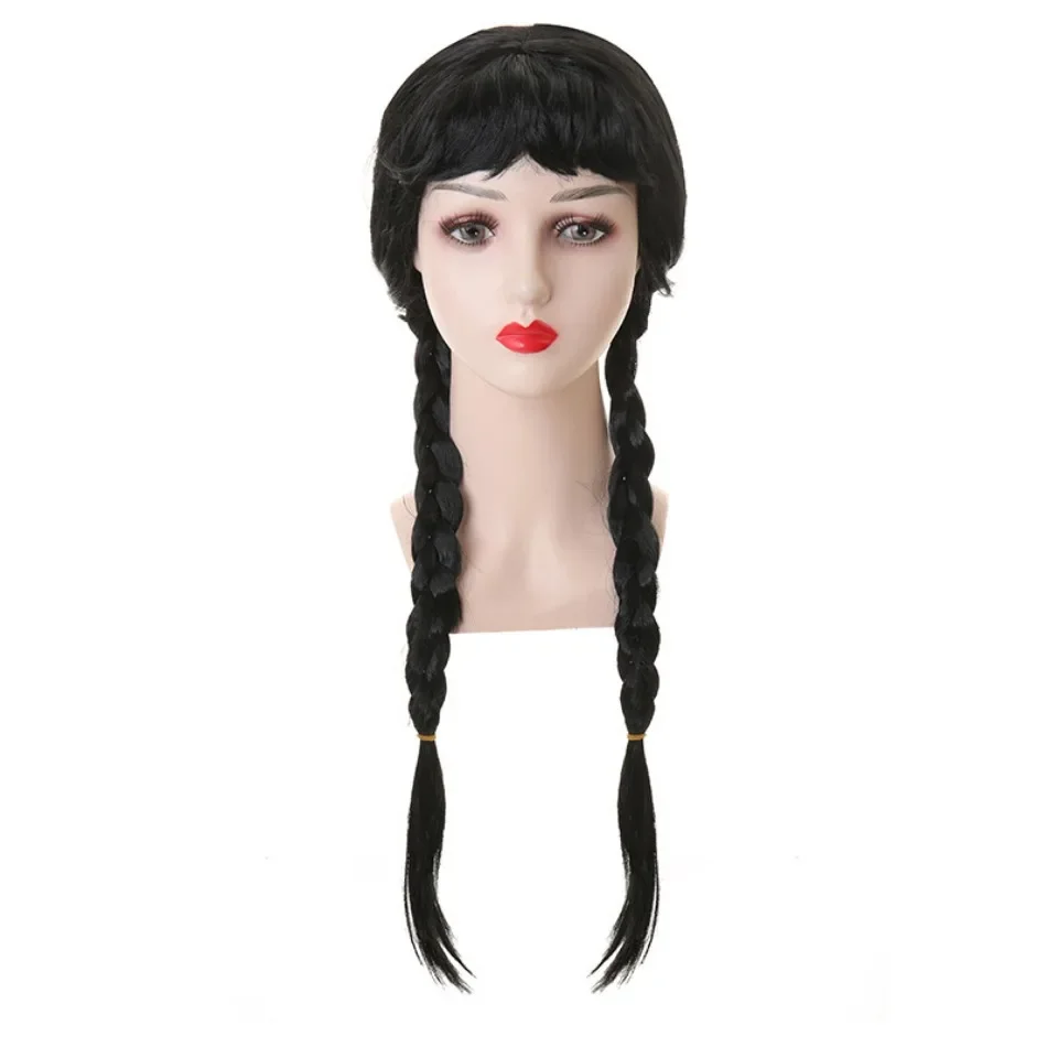 Color: green - Wednesday Wig For Kids Halloween Wednesday Addams Black Braids Synthetic Hair Cosplay Accessories Crown Necklace Headdress Suit