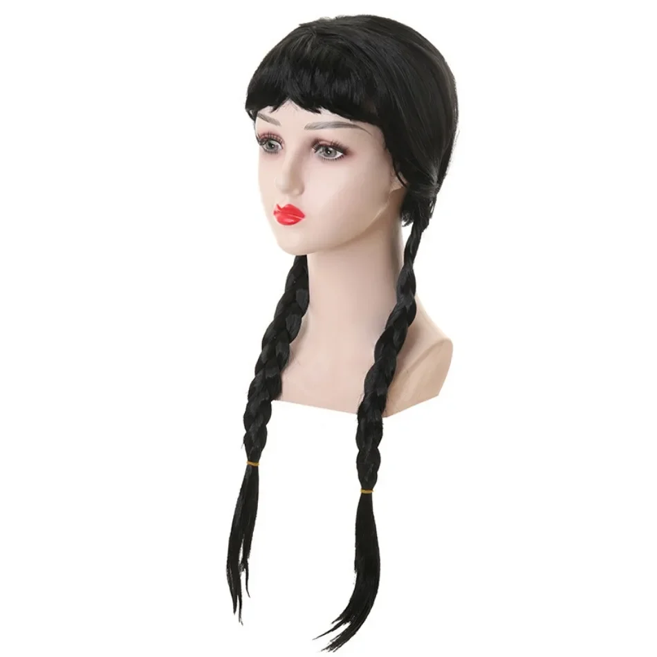 Color: green - Wednesday Wig For Kids Halloween Wednesday Addams Black Braids Synthetic Hair Cosplay Accessories Crown Necklace Headdress Suit