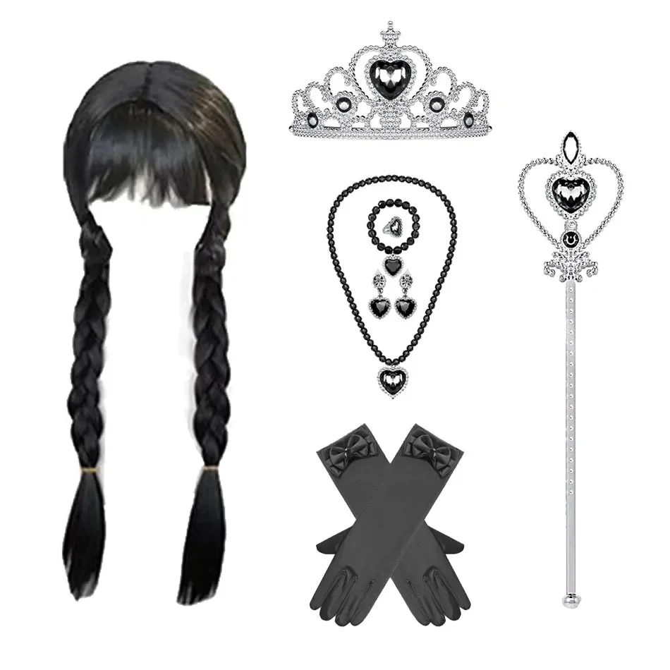 Color: green - Wednesday Wig For Kids Halloween Wednesday Addams Black Braids Synthetic Hair Cosplay Accessories Crown Necklace Headdress Suit