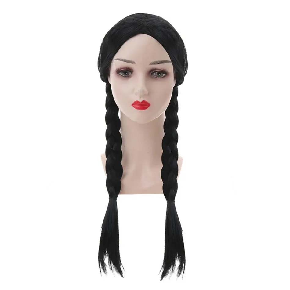 Color: green - Wednesday Wig For Kids Halloween Wednesday Addams Black Braids Synthetic Hair Cosplay Accessories Crown Necklace Headdress Suit