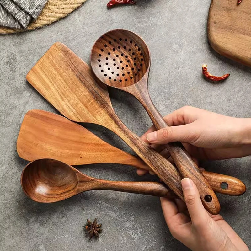 Color: Chocolate - Teak Wooden Spatulas Kitchen Utensils Cooking Utensil Eco-Friendly Wood Spatula for Non Stick Cookware
