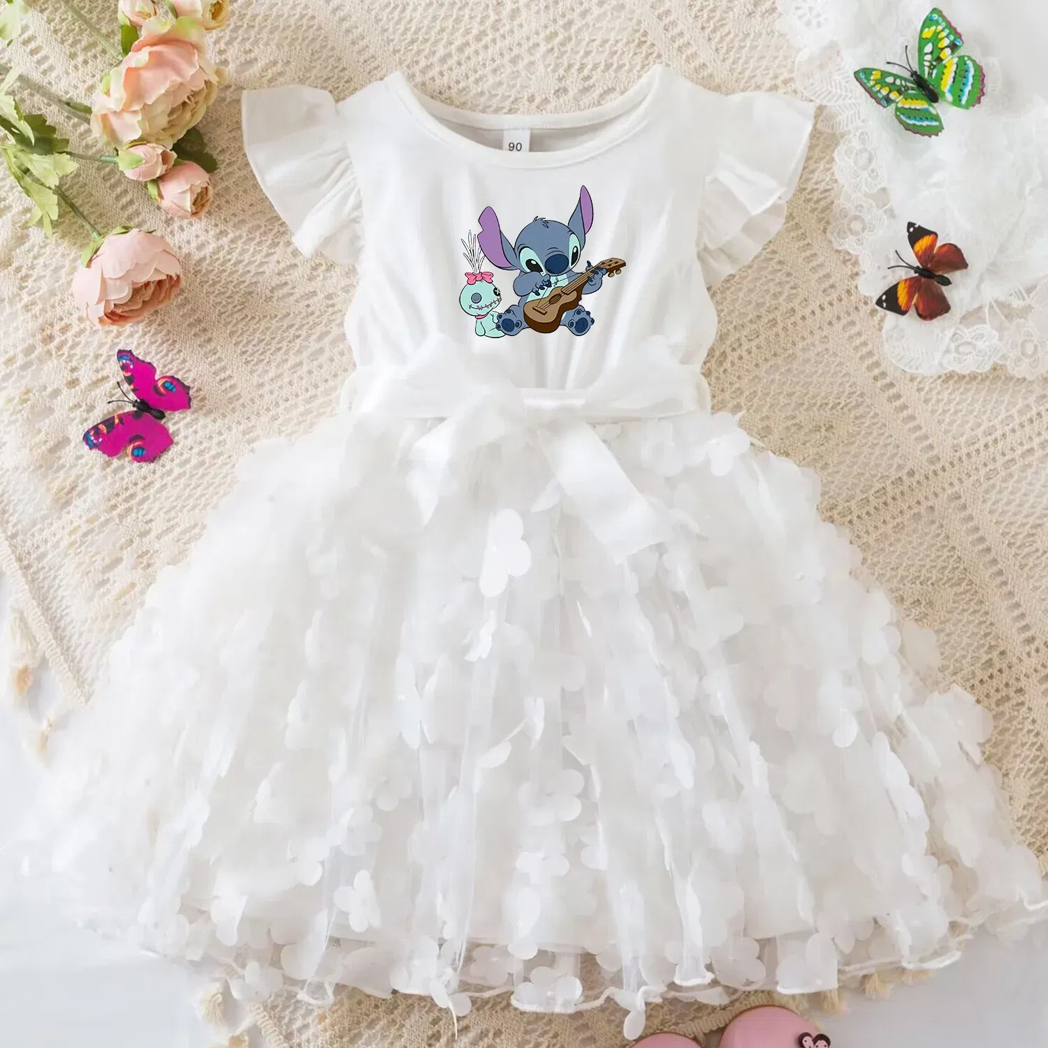 Color: Fuchsia, Size: S - 3D Butterfly Cute Lilo Stitch Summer Dress for Kid's Casual Clothes Baby Girls Beautiful Princess Dress Party Dresses 2-6 Yrs