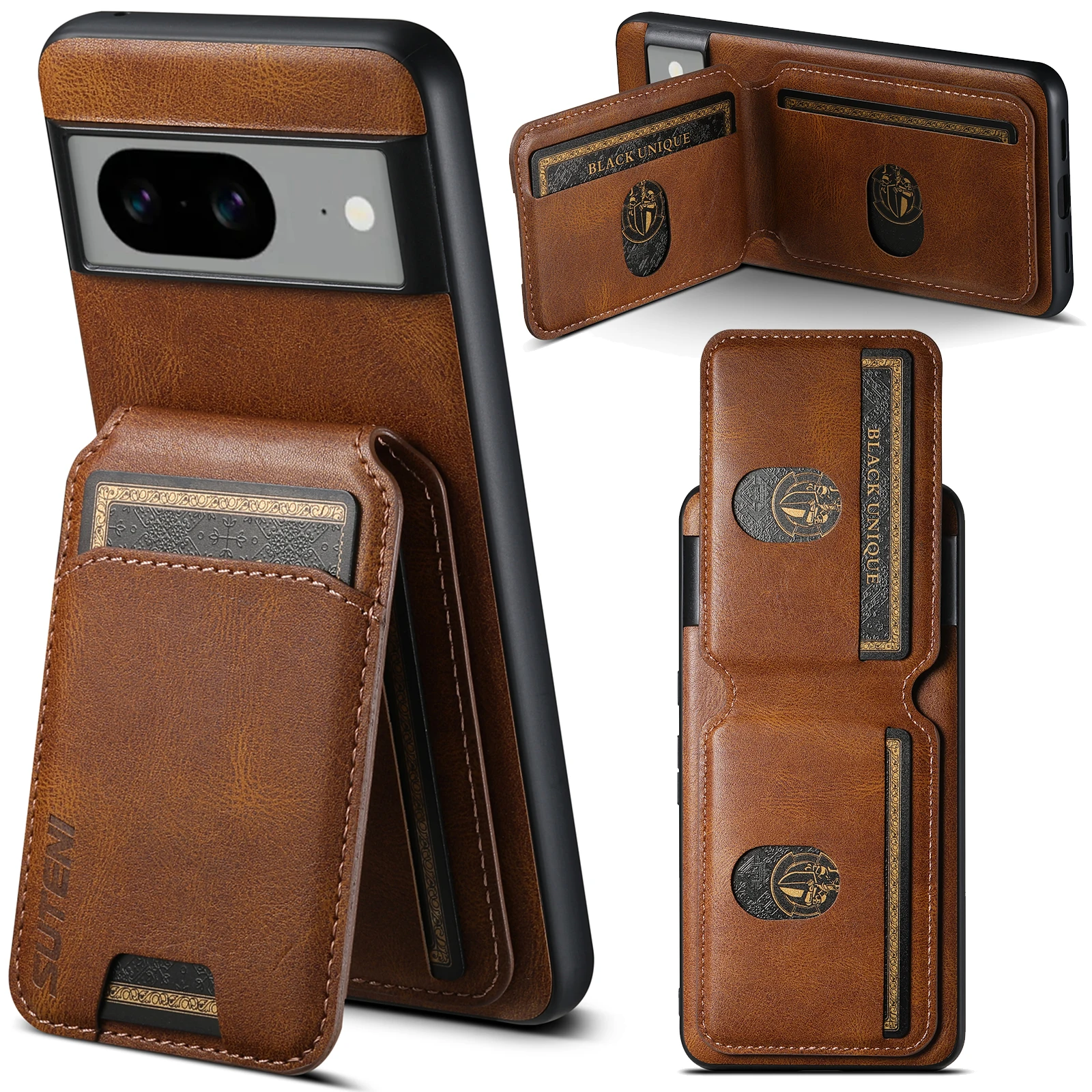 Color: Coffee, Material: Microfiber - SUTENI Card Holder Leather Pocket Wallet Phone Case Stand For Google Pixel 8A 8Pro 7 7Pro 7A 6 6Pro 6A