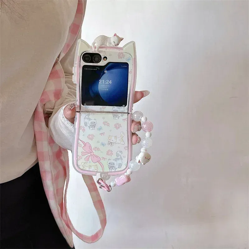 Color: Ivory, Material: Nylon - 3D Flower Cat Bracelet Phone Case For Samsung Galaxy Z Flip 7 FE 6 5 4 3 ZFlip6 Z Flip6 ZFlip 6 Cat Ears Shockproof Cover
