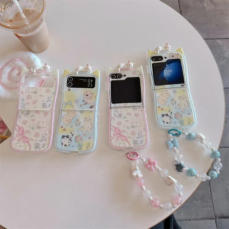 Color: Ivory, Material: Nylon - 3D Flower Cat Bracelet Phone Case For Samsung Galaxy Z Flip 7 FE 6 5 4 3 ZFlip6 Z Flip6 ZFlip 6 Cat Ears Shockproof Cover