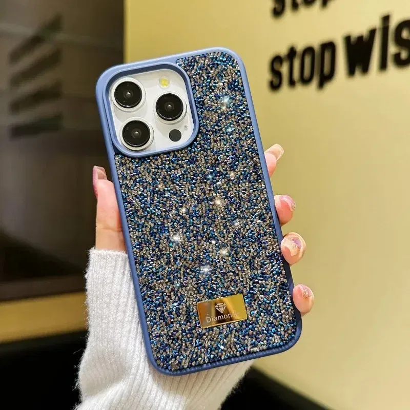 Material: PU, Color: black - Luxury INS Dazzling Full Covered Zircon Macaroon Color Phone Case for iPhone 16 15 14 11 12 13 Pro Max Plus Back Cover