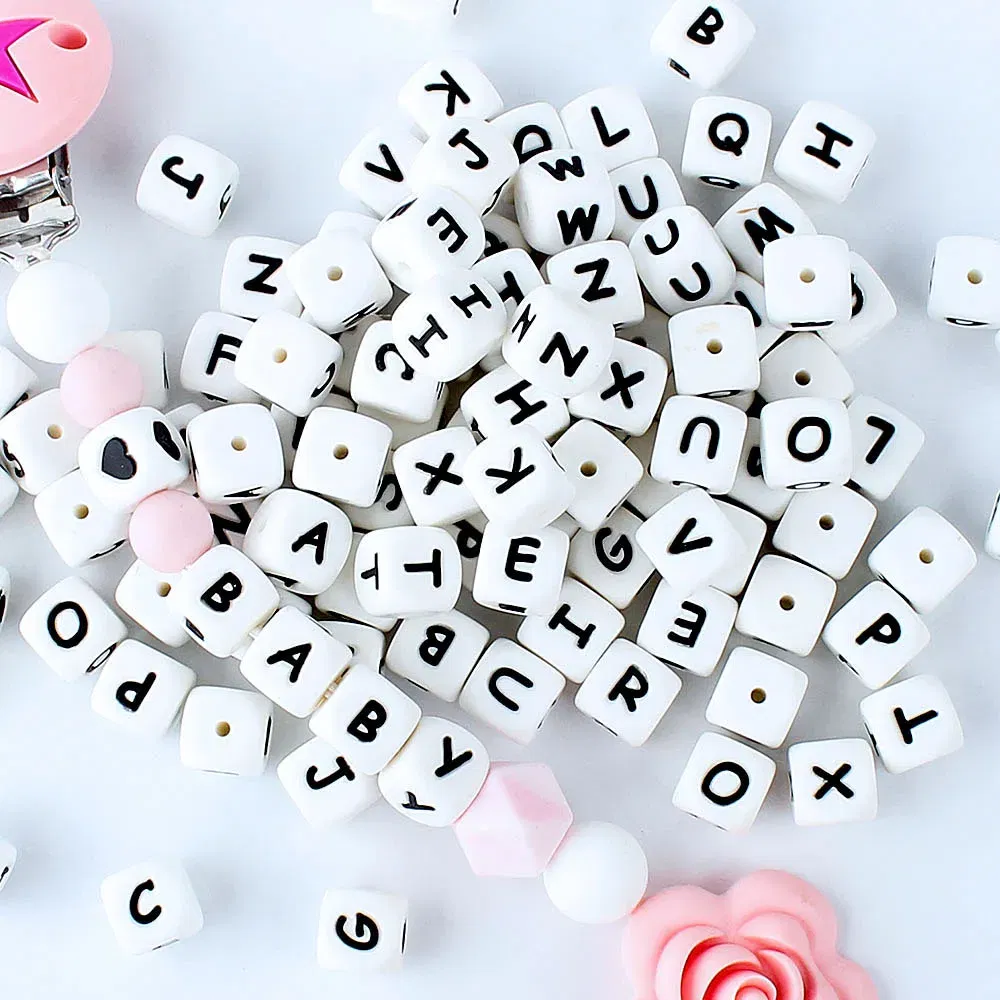 Color: Sky blue - 100Pcs Baby Teether 12mm Silicone Letters Beads Pacifier Clip Chain Personalized Name Letter Beads Teething Nursing Toy BPA Free
