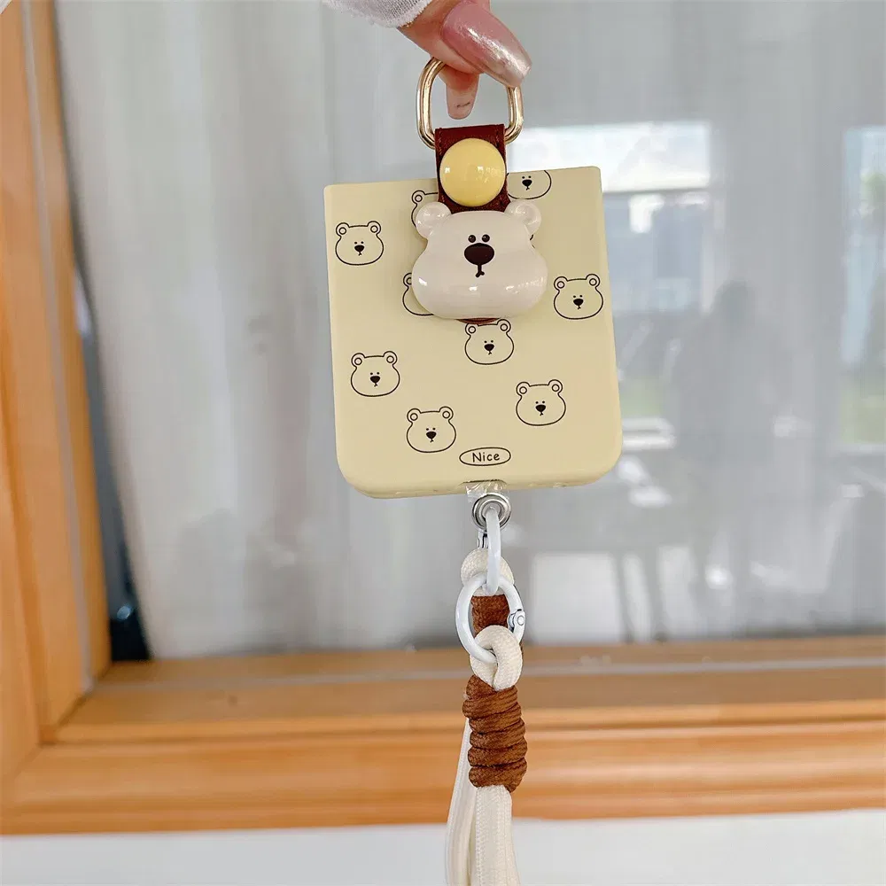 Color: Beige, Material: CANVAS - Cute 3D Bear Hand Strap Case for Samsung Galaxy Z Flip 6 5 4 3 Lanyard Ring Holder Shockproof Cover for Samsung Flip6 ZFlip5