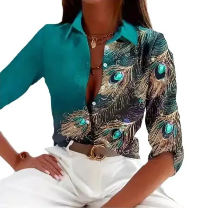 Color: Brown, Size: XXL - Fashionable Ladies Trendy Long Sleeved Shirt With Feather Gemstone Print Buttons Lapel Shirt Sleeves Autumn Elegant Ladies Shirt