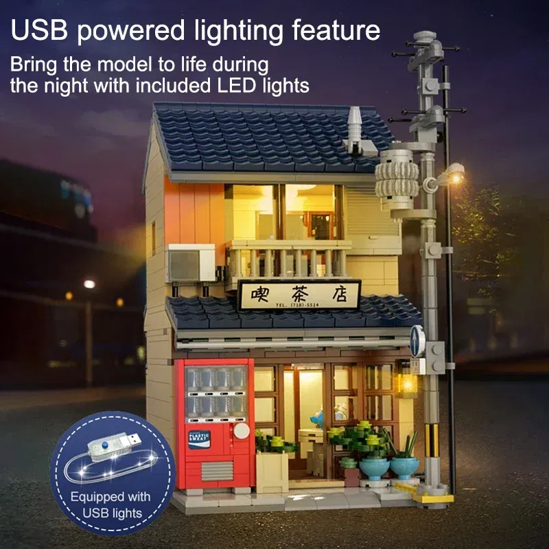 Color: WHITE - With Packaging BOX LED City Japanese Tea Shop House Architecture Building Blocks Friends Shop Figures Bricks Toys for Kid Gifts