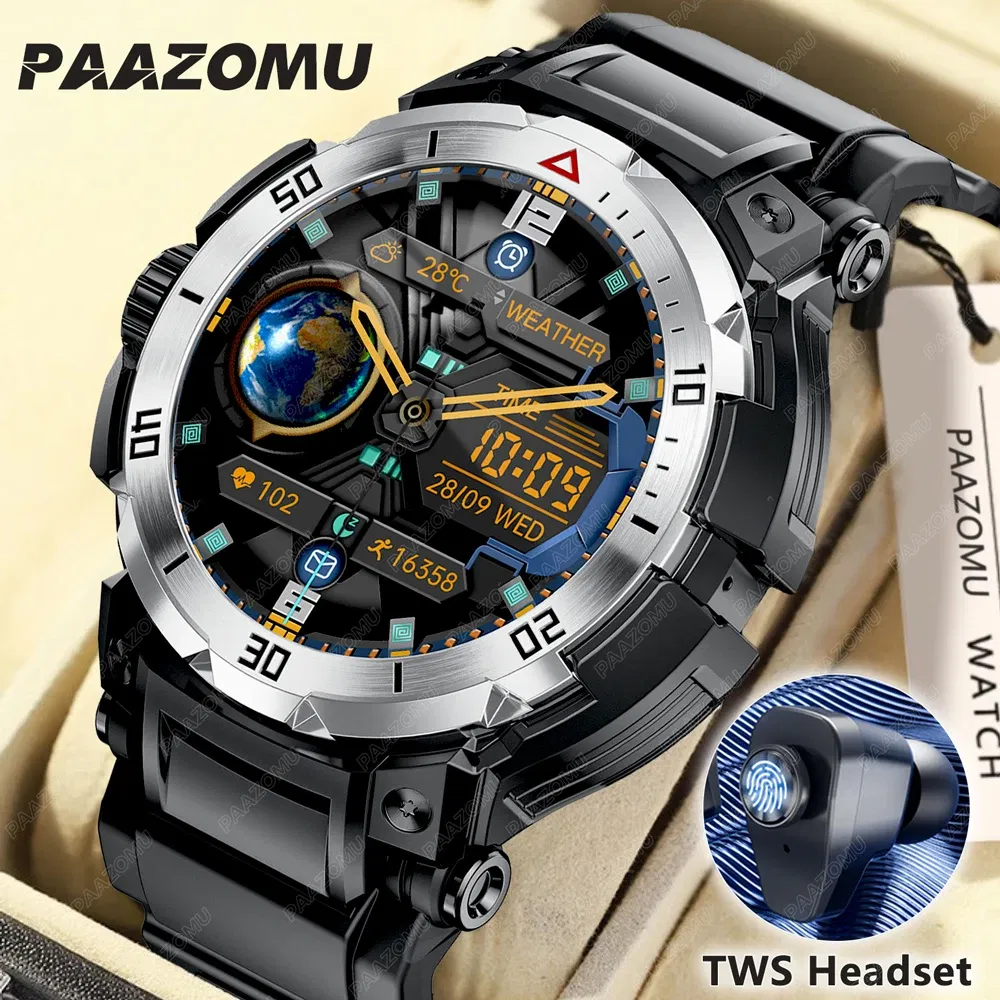 Color: WHITE - New 3 in 1 Smart Watch for Men With TWS Headset Rugged Military Bluetooth Call Fitness Tracker IP67 Waterproof for Android iOS