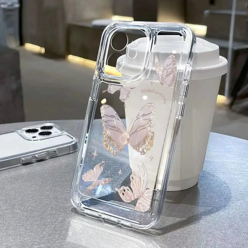Color: Beige, Material: PU - Simple Space Transparent Anti-fall Phone Case For iPhone 15 11 14 13 12 Pro Max Plus Silicone Protect Flower Butterfly Cover