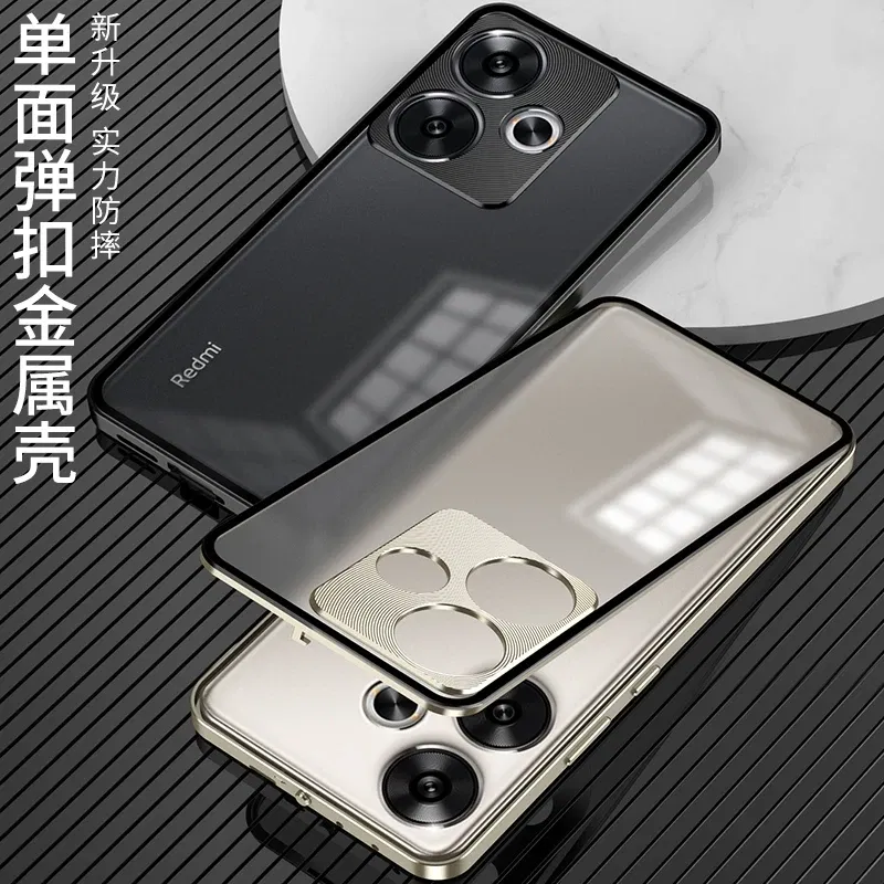 Color: Gold, Material: ABS - Aluminium Alloy Metal Frame Case For Poco F6 Case Matte transparent Acrylic Back Cover For Xiaomi POCO F6 5G Redmi Turbo3 Bumper