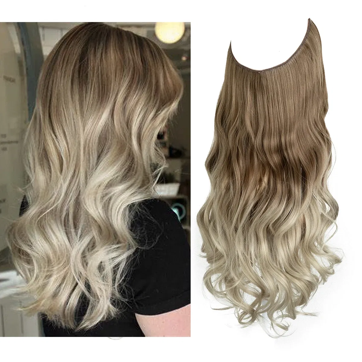 Color: P4/27, Stretched Length: 14inches - Synthetic No Clip Wave Hair Extensions Ombre Natural Black Blonde Pink One Piece False Hairpiece Fish Line Fake Hair Piece