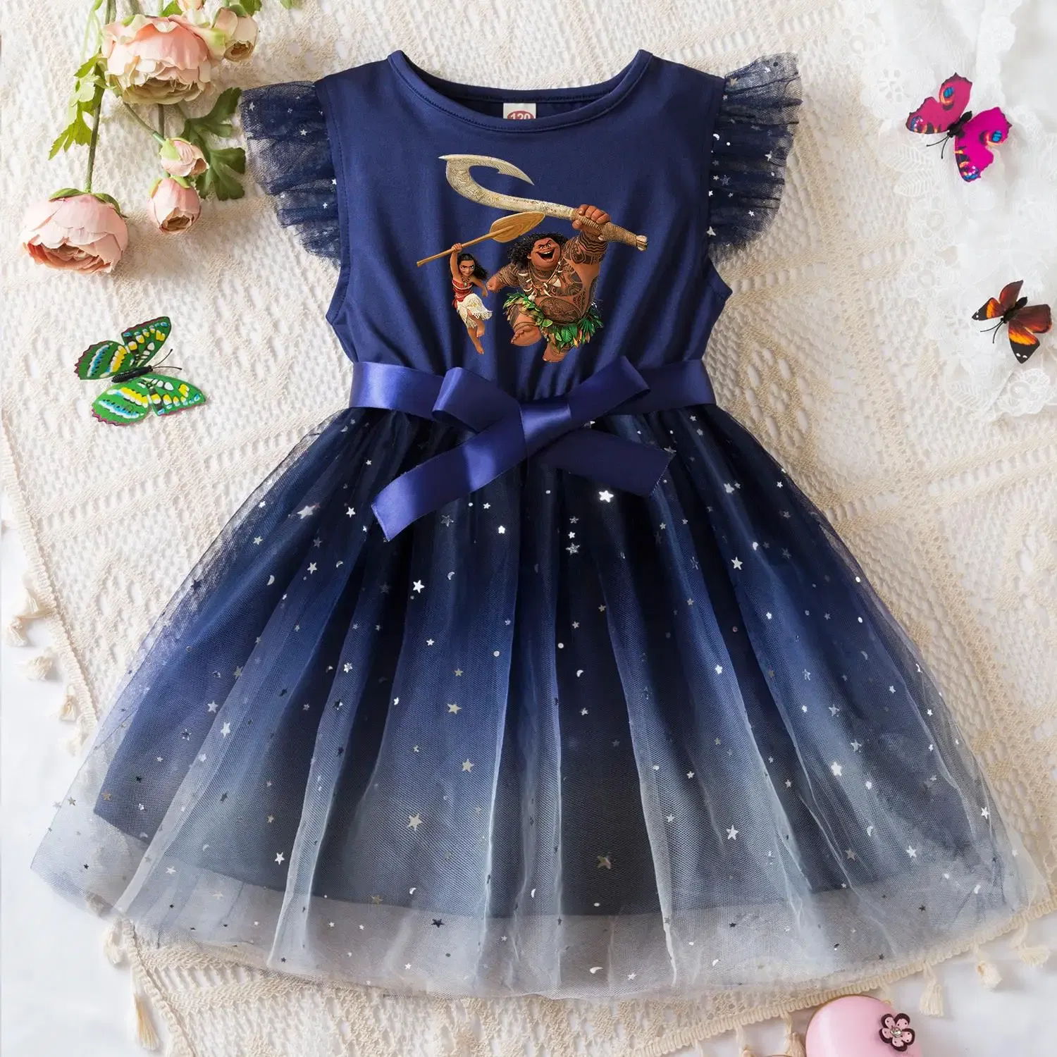 Color: Blue, Size: XS - Moana Summer Toddler Girl Dress Princess Star Baby Girls Clothes Tulle Tutu Dress for Children Party Dress 2-6Y