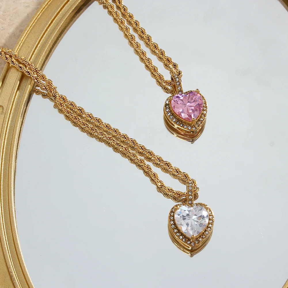 Metal Color: Blue Zinc - 2022 New Stainless Steel PVD Plating Heart Shape AAA Cubic Zircon Stone Pendant Necklace Ladies Party Christmas Jewelry Gift