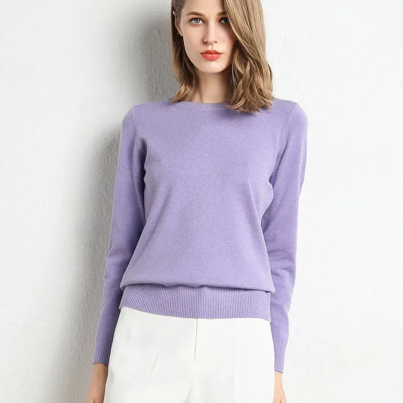 Color: Lavender, Size: XL - Women Slim O-Neck Solid Pullover Cashmere Wool Blending Sweater Autumn And Winter Long-Sleeved Knit Bottoming Shirt Large Size