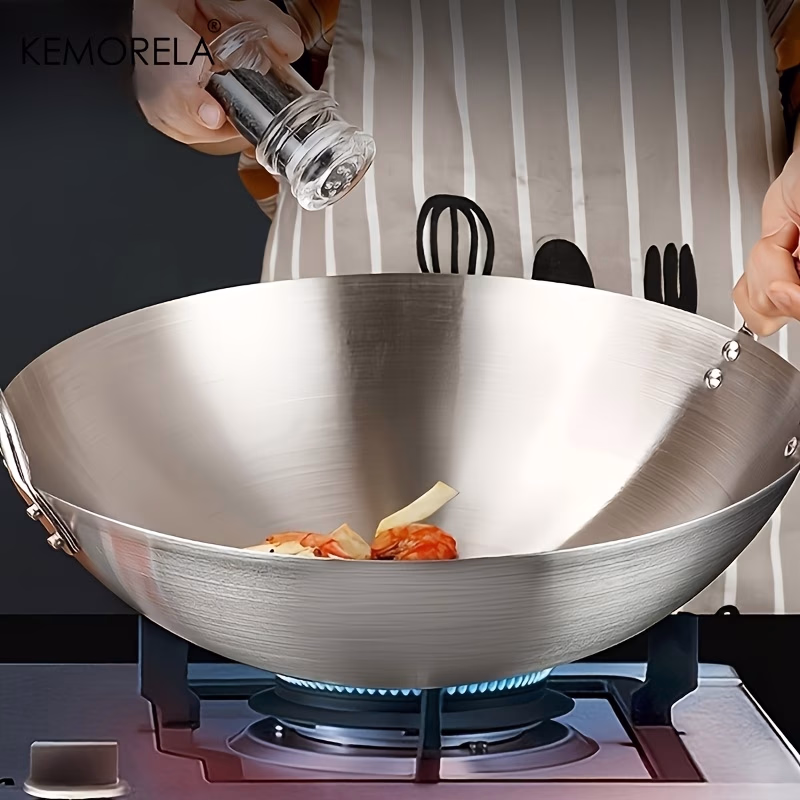 KEMORELA 1pc High Quality Stainless Steel Wok with Double Handle, 36/38/40cm Uncoated Double Handled Chef's Pan