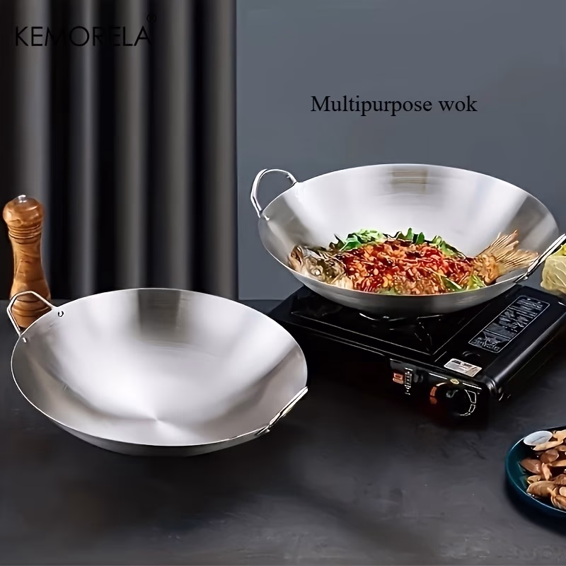 KEMORELA 1pc High Quality Stainless Steel Wok with Double Handle, 36/38/40cm Uncoated Double Handled Chef's Pan