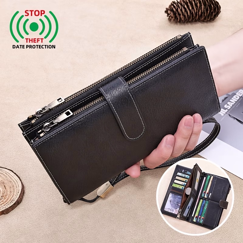 Lucky Hour™ Retro Large Capacity Tri-Fold Wallet, RFID Anti-Theft, Clutch And Handheld Dual Use, with Wrist Strap, Unisex Design