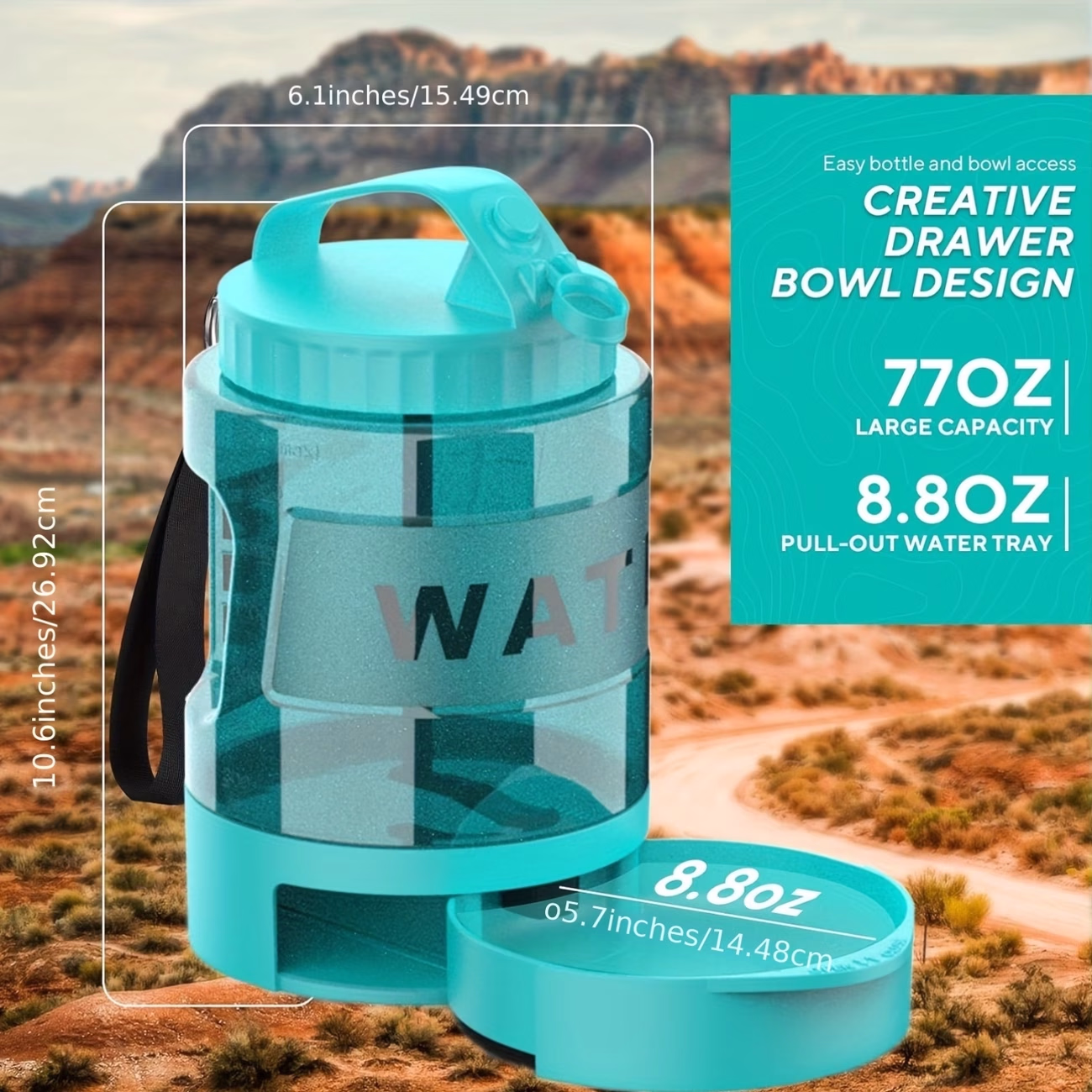 LESOTC 2.2L/77Oz Lake Blue Dog Water Dispenser Bowl, Large Capacity Pet Travel Water Bottle with Pull-Out Bowl, Portable for Camping, Beach Essentials, Durable Plastic