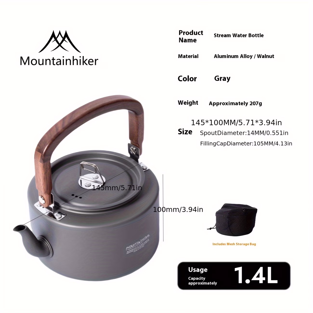 MOUNTAINHIKER Camping Teapot – Heavy-Duty Aluminum Alloy Construction with Sturdy Wooden Handle