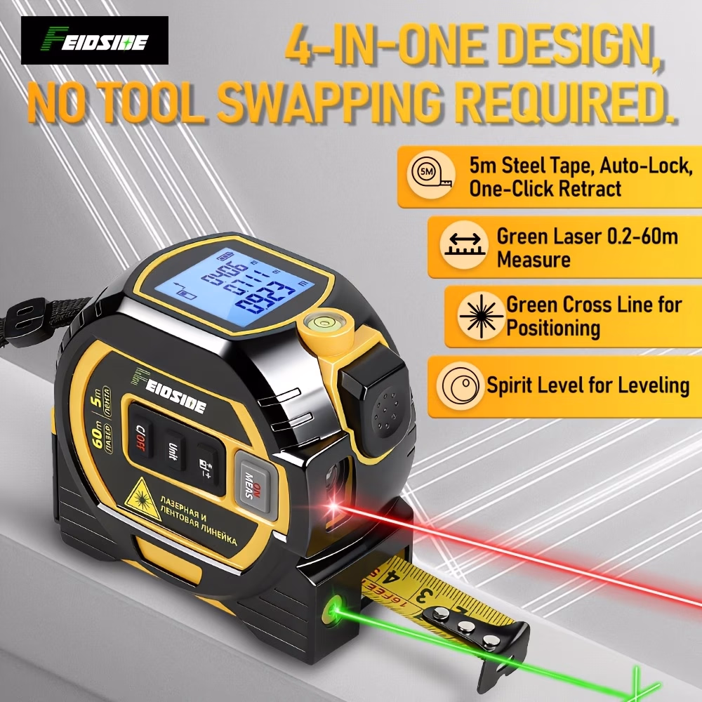 FEIDSIDE 4-In-1 Digital Laser Tape Measure – 60M Green Laser Distance Meter with Horizontal Bubble Level & Crosshair Line