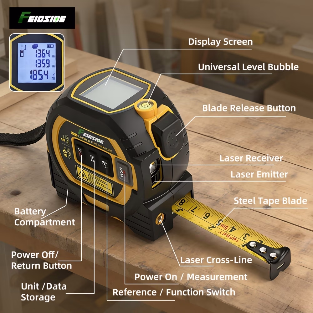 FEIDSIDE 4-In-1 Digital Laser Tape Measure – 60M Green Laser Distance Meter with Horizontal Bubble Level & Crosshair Line