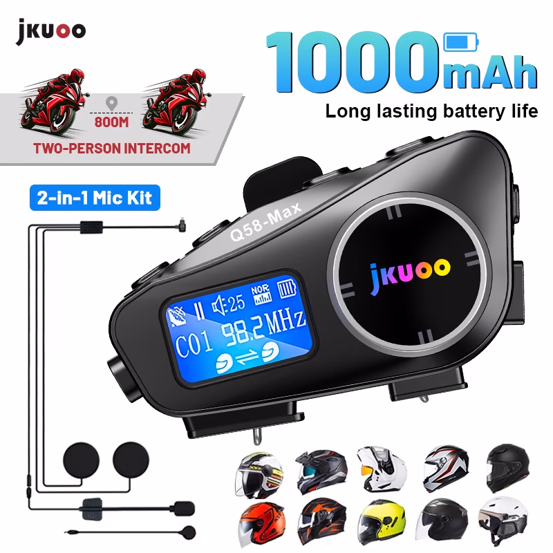 JKUOO Bluetooth 5.4 Motorcycle Helmet Headset – 45H Battery Life, Noise Reduction Intercom