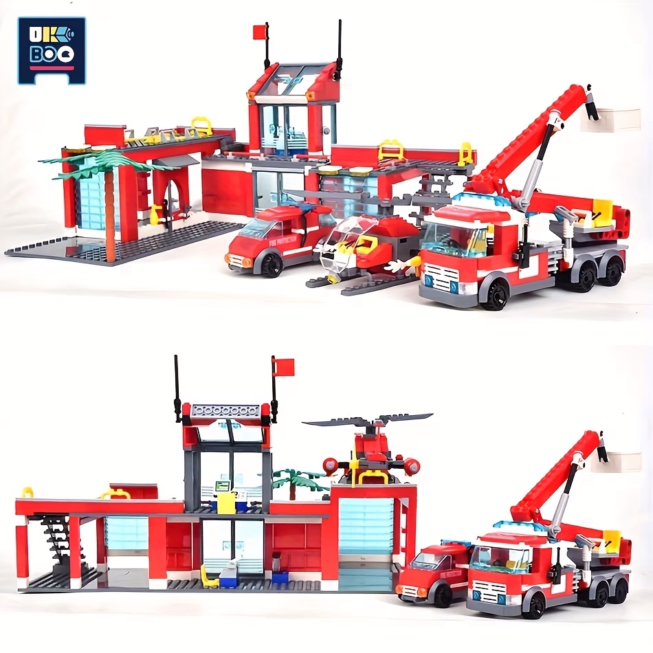 UKBOO 758pcs City Fire Station Model Building Blocks – Firefighter Truck, Helicopter, and More