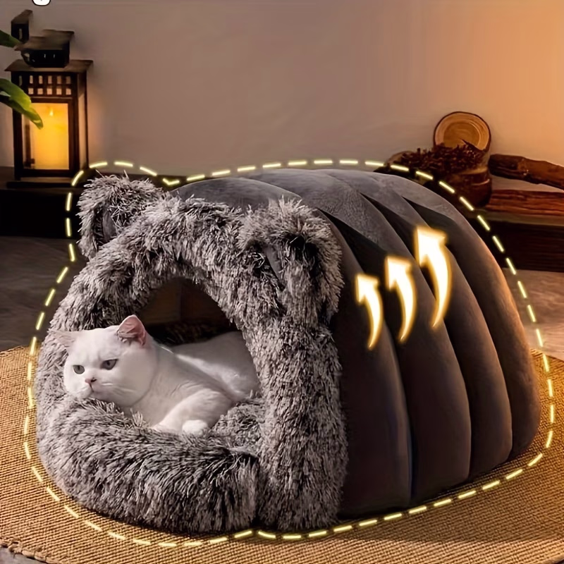 HEART LEAF Large Winter Warm Plush Cat & Dog Bed with Ears – Cozy Cottage Pet House