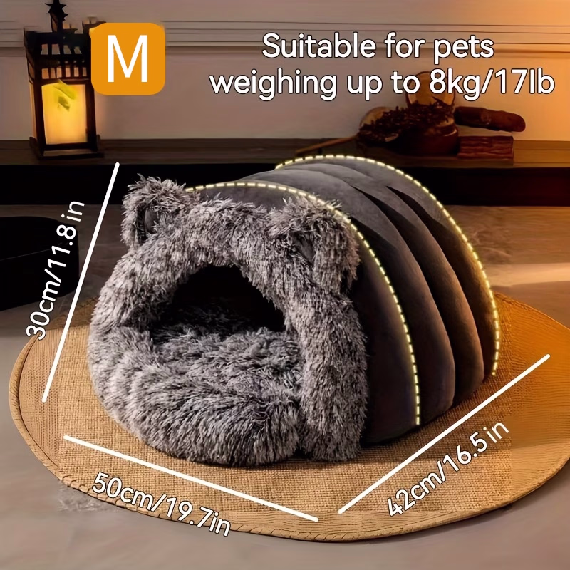 HEART LEAF Large Winter Warm Plush Cat & Dog Bed with Ears – Cozy Cottage Pet House
