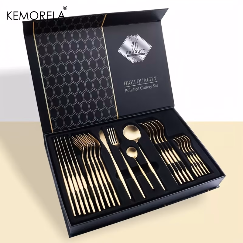 KEMORELA High-Quality Golden Silverware Set – 24pcs Stainless Steel Flatware Set Service for 6