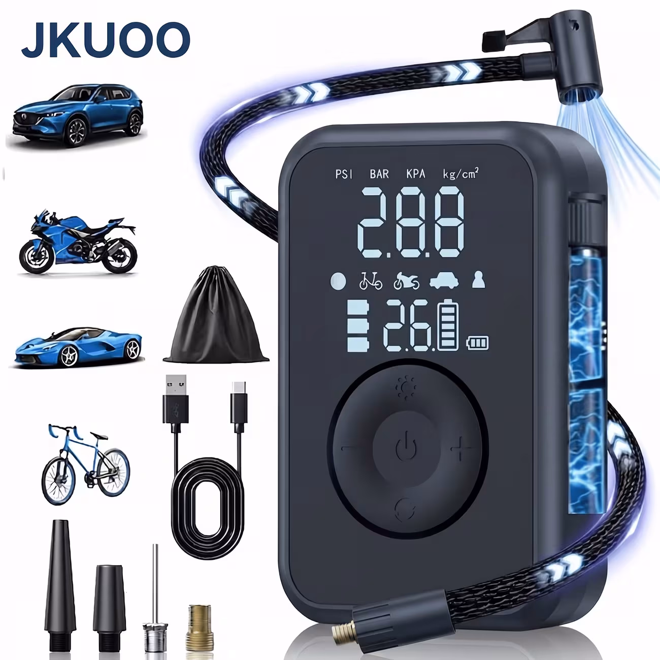 JKUOO Portable Tire Inflator Air Compressor – 150PSI Wireless Car Air Pump with Digital Display